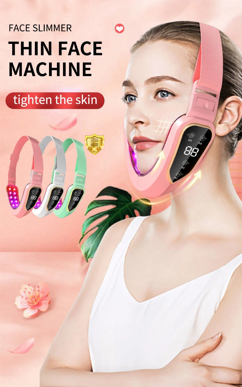 Dispositivo Lifting Facial LED Fototerapia - Massageador Vibracional Aquecido Papada Rosto V