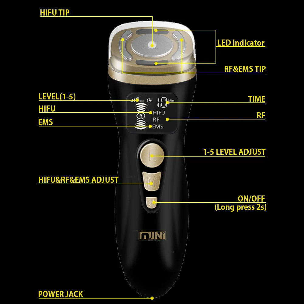 HIFU 2.0 Mini Preto - Ultrassom RF EMS Microcorrente Lifting Facial e Firmeza