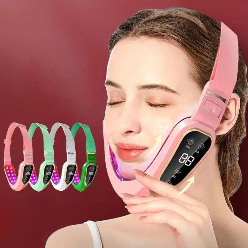Dispositivo Lifting Facial LED Fototerapia - Massageador Vibracional Aquecido Papada Rosto V