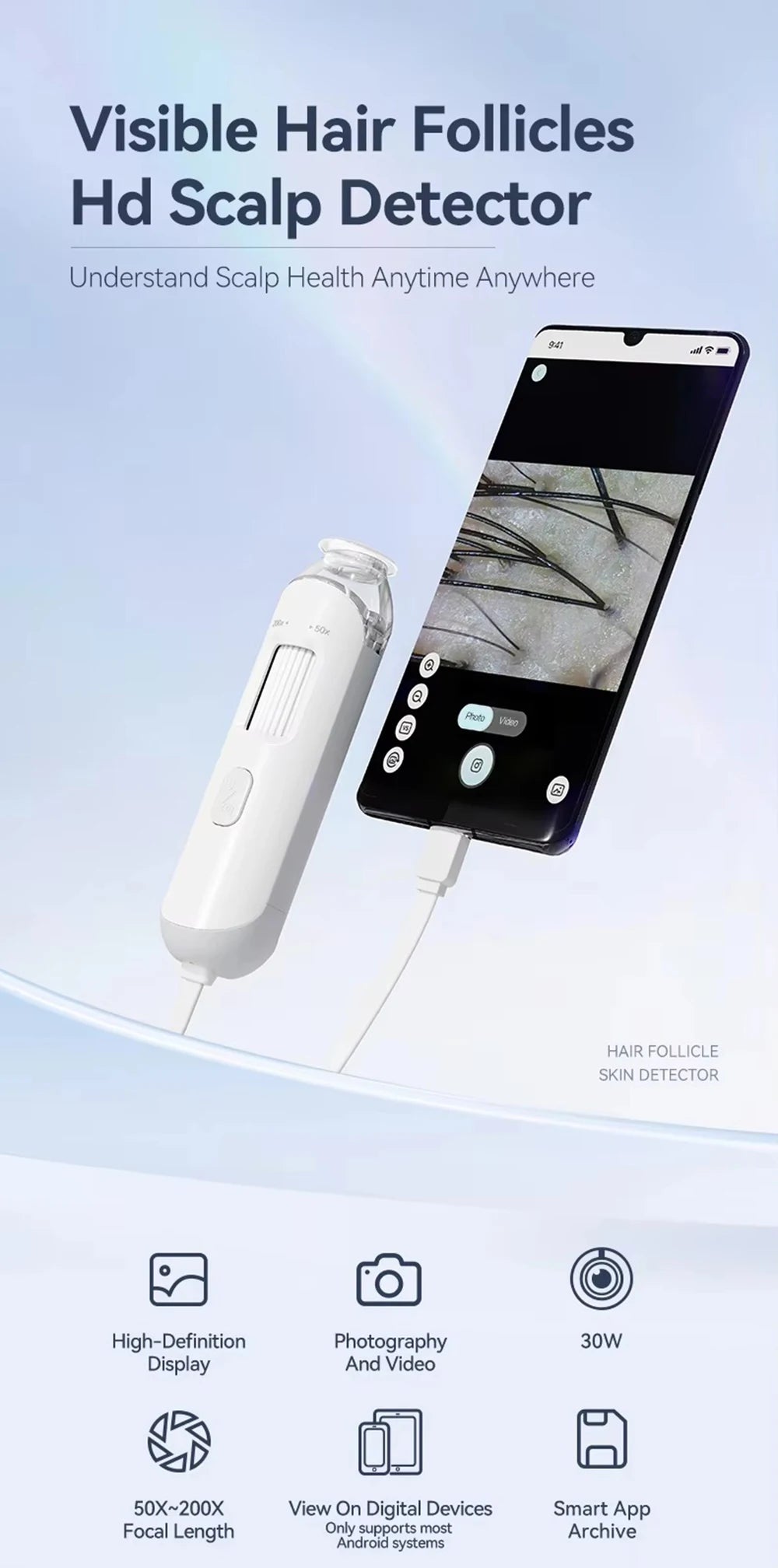 Dermatoscópio Eletrônico Câmera Couro Cabeludo - Analisador Pele Facial Profissional Microscópio Digital Ampliador Poros