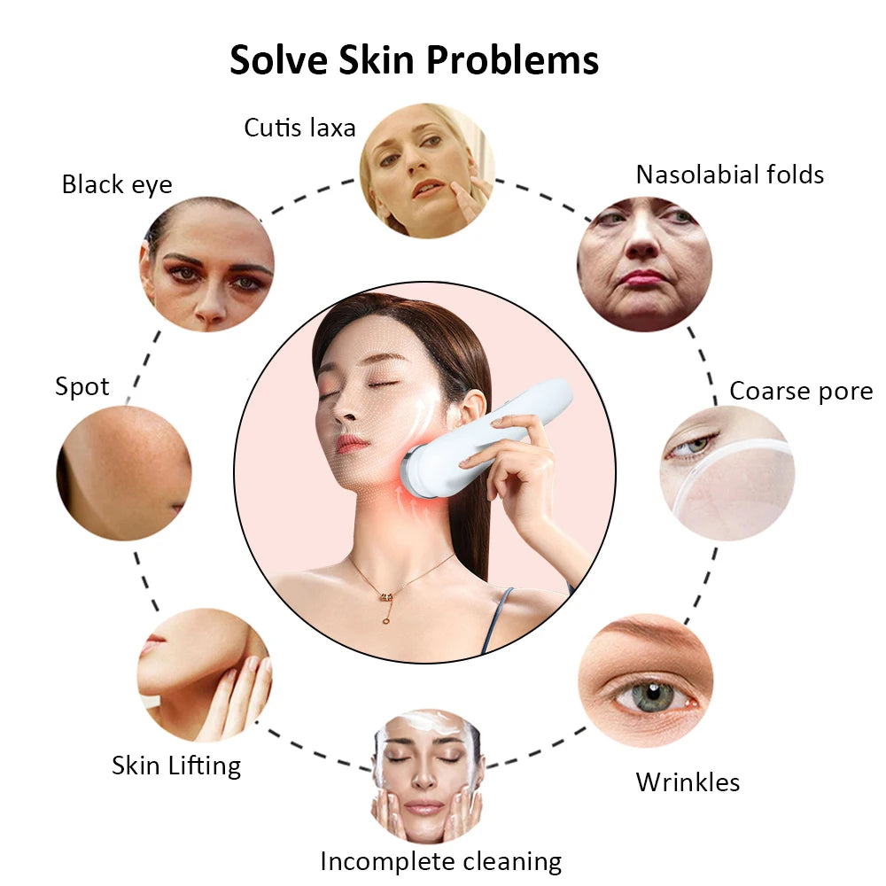 Massageador Facial Mesoterapia 8 em 1 - Radiofrequência EMS Lifting Firmeza LED Cuidados Pele