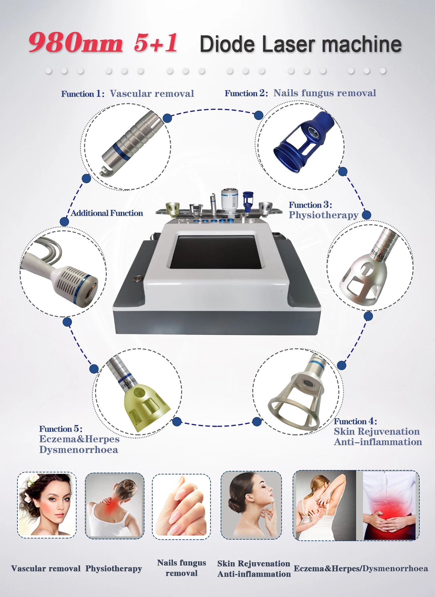 Newest 6 in 1 980nm Diode Laser Therapy Machine Vascular Removal Spider Vein Removal Machine Nail Fungus Laser Onychomycosis