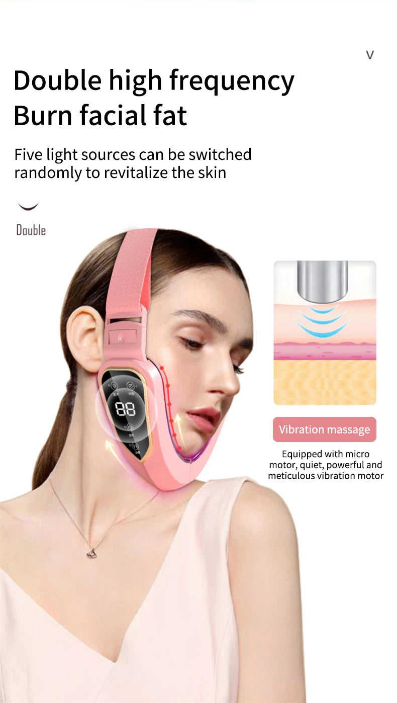 Dispositivo Lifting Facial LED Fototerapia - Massageador Vibracional Aquecido Papada Rosto V