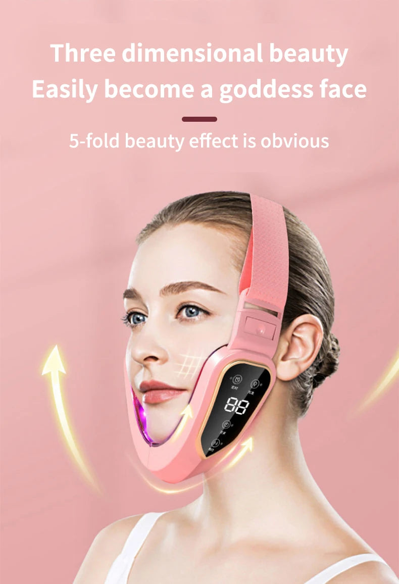 Dispositivo Lifting Facial LED Fototerapia - Massageador Vibracional Aquecido Papada Rosto V