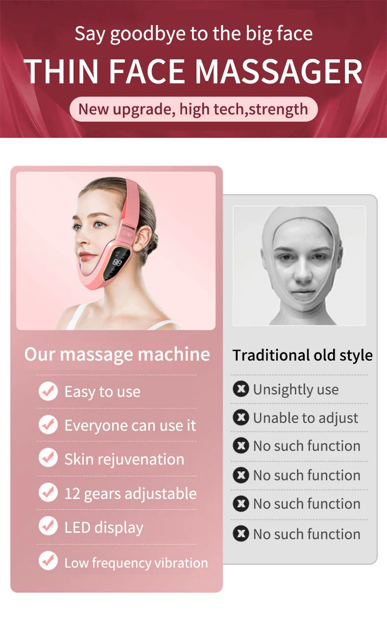 Dispositivo Lifting Facial LED Fototerapia - Massageador Vibracional Aquecido Papada Rosto V