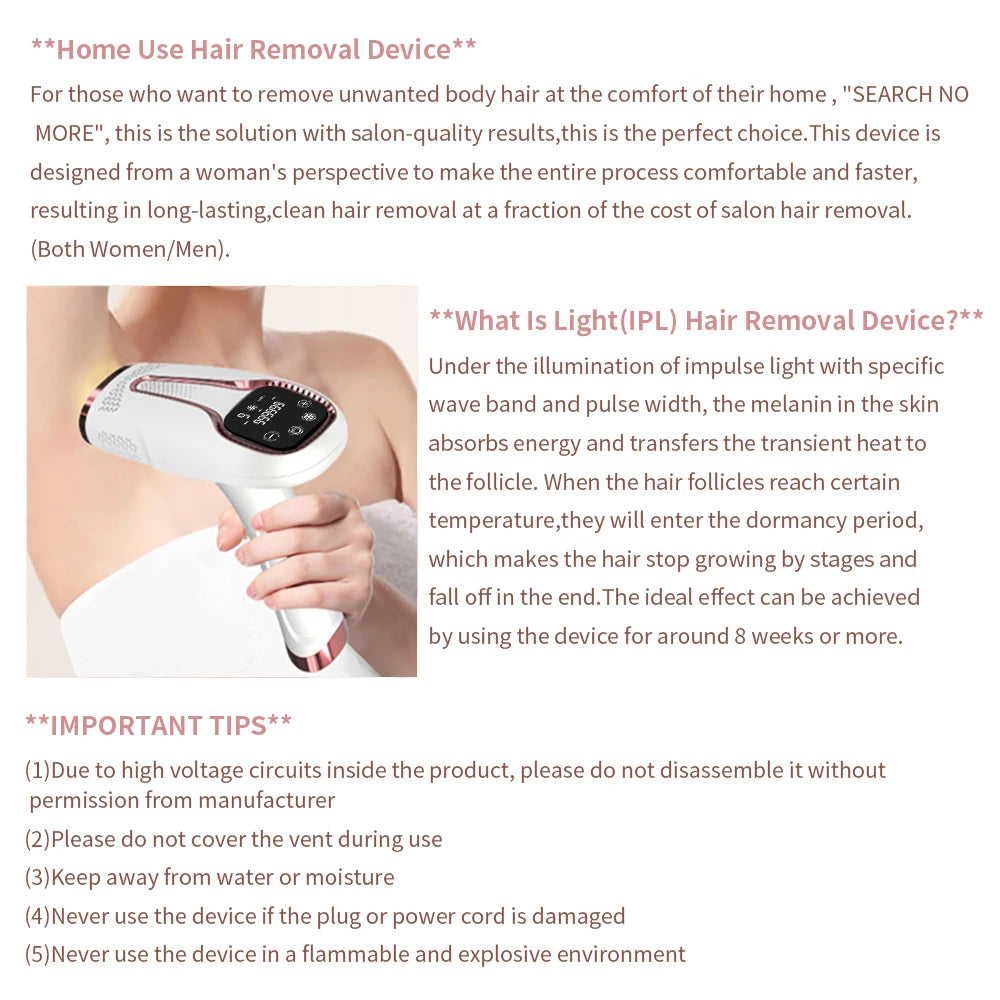 Depilador IPL Laser Feminino Profissional - Luz Pulsada Elétrico Rosto Corpo Biquíni 999.999 Flashes