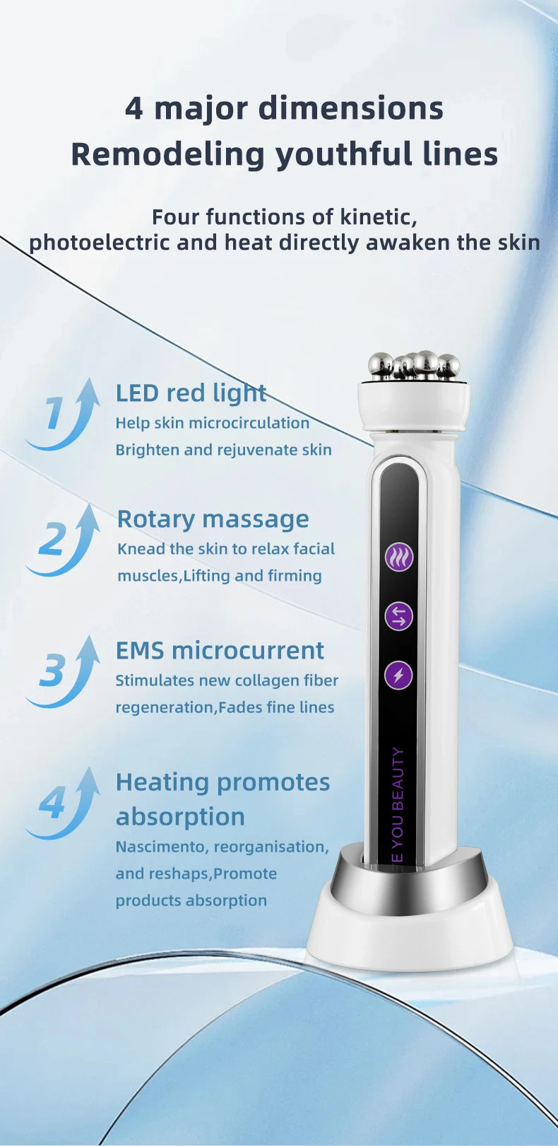 Massageador Facial EMS Aquecido com LED - Roller Rotativo Fototerapia Redução Poros Linhas Finas