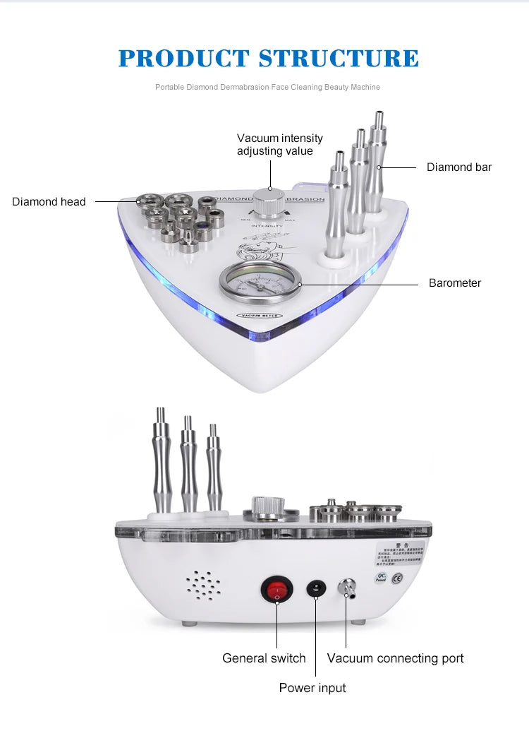 Máquina Microdermoabrasão Diamante Profissional - 65-68cmHg com 9 Pontas para Esfoliação Facial