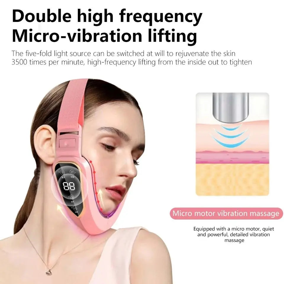 Dispositivo Lifting Facial LED Fototerapia - Massageador Vibracional Aquecido Papada Rosto V