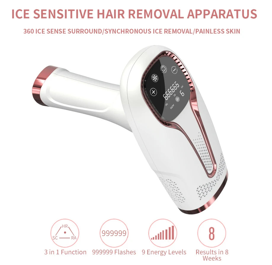 Depilador IPL Laser Feminino Profissional - Luz Pulsada Elétrico Rosto Corpo Biquíni 999.999 Flashes