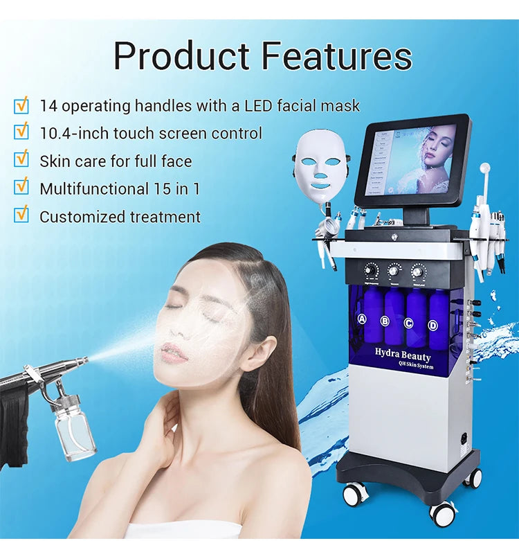Máquina Hidrodermabrasão 15 em 1 - Oxigénio CO2 Bolhas Hydra Dermabrasão Facial Beleza