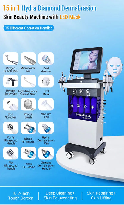 Máquina Hidrodermabrasão 15 em 1 - Oxigénio CO2 Bolhas Hydra Dermabrasão Facial Beleza