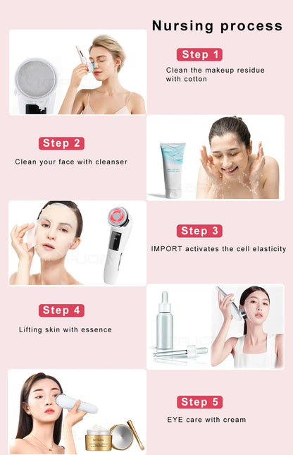 Massageador Facial Mesoterapia 8 em 1 - Radiofrequência EMS Lifting Firmeza LED Cuidados Pele