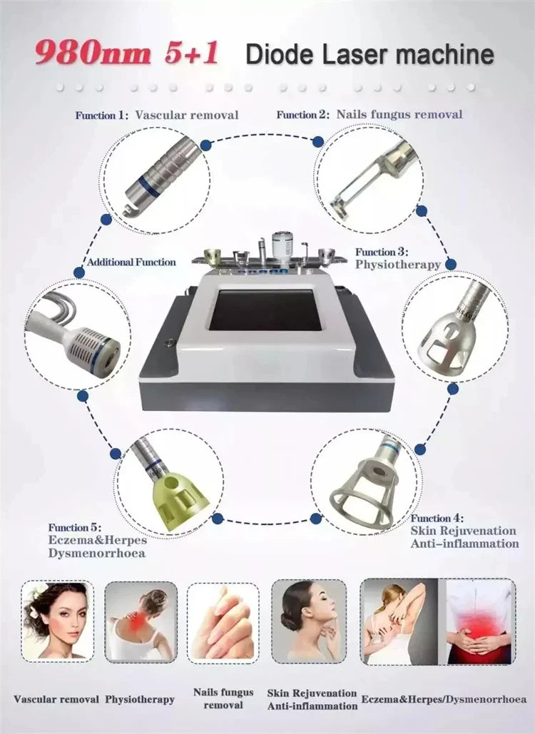 5 In 1 980nm Diode Laser Machine Nail Fungus Treatment Spider Veins Vascular Removal Skin Rejuvenation Beauty Device