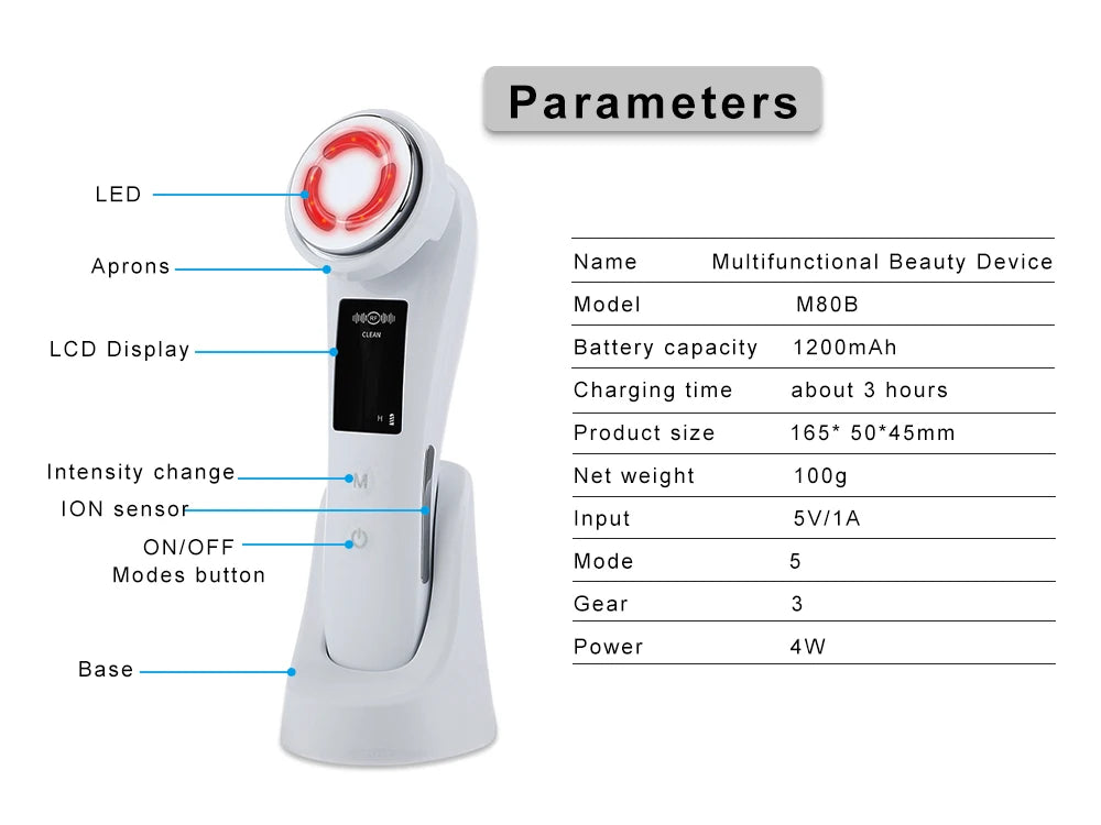 Massageador Facial Mesoterapia 8 em 1 - Radiofrequência EMS Lifting Firmeza LED Cuidados Pele