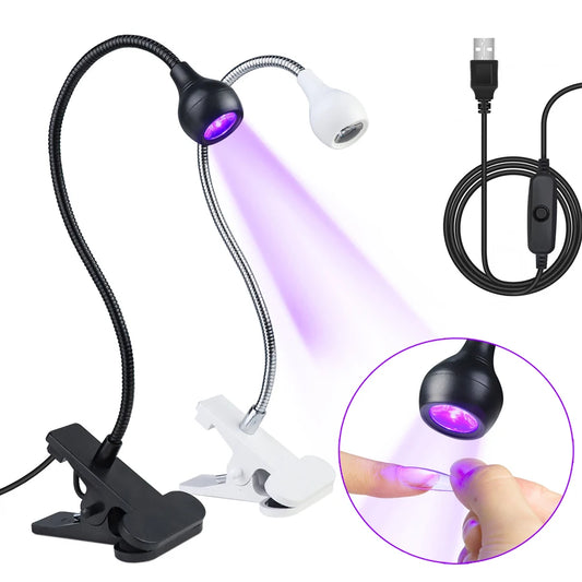 Lâmpada de Cura de Gel UV para Unhas 5W, Luz UV LED com Clipe e Tubo Flexível, Secador de Unhas para Verniz Gel