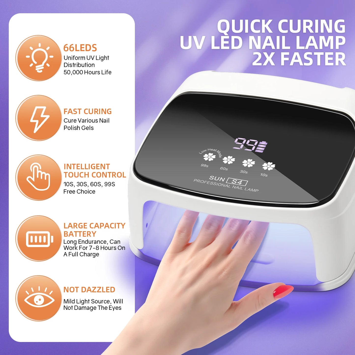 Lâmpada Profissional para Unhas 288W para Curar Gel Recarregável Lâmpada UV LED para Unhas Sem Fio 66LEDS Lâmpada de Secagem de Unhas com 4 Configurações de Temporizador