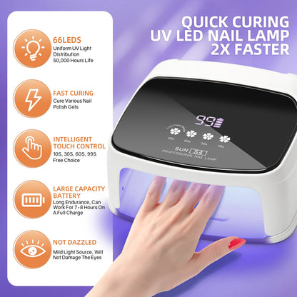 Lâmpada Profissional para Unhas 288W para Curar Gel Recarregável Lâmpada UV LED para Unhas Sem Fio 66LEDS Lâmpada de Secagem de Unhas com 4 Configurações de Temporizador