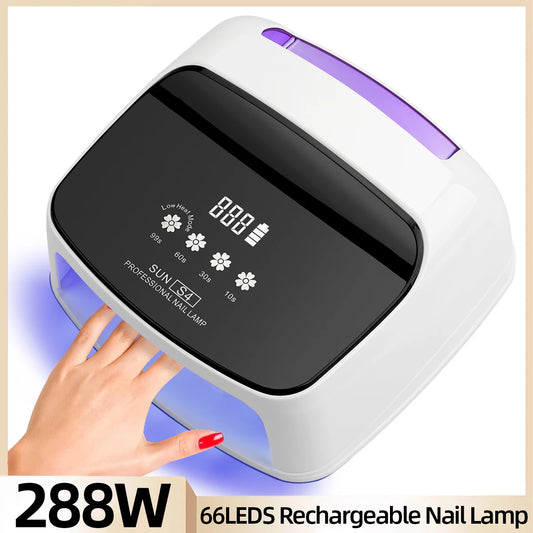 Lâmpada Profissional para Unhas 288W para Curar Gel Recarregável Lâmpada UV LED para Unhas Sem Fio 66LEDS Lâmpada de Secagem de Unhas com 4 Configurações de Temporizador