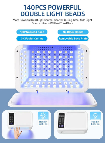 140 Contas Lâmpada Profissional UV LED para Unhas 480W Lâmpada de Cura Rápida de Verniz Gel com Tela de Display LCD Sensor Inteligente