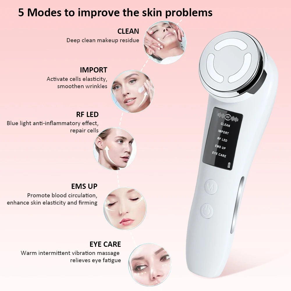Massageador Facial Mesoterapia 8 em 1 - Radiofrequência EMS Lifting Firmeza LED Cuidados Pele
