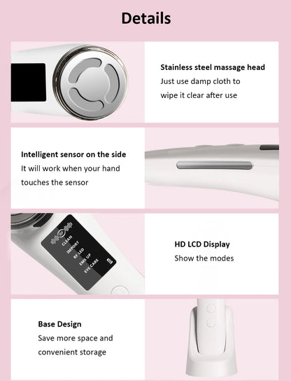 Massageador Facial Mesoterapia 8 em 1 - Radiofrequência EMS Lifting Firmeza LED Cuidados Pele