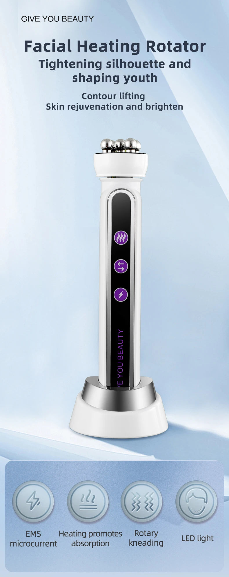 Massageador Facial EMS Aquecido com LED - Roller Rotativo Fototerapia Redução Poros Linhas Finas