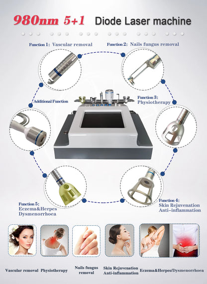 5 In 1 980nm Diode Laser Machine Nail Fungus Treatment Spider Veins Vascular Removal Skin Rejuvenation Beauty Device