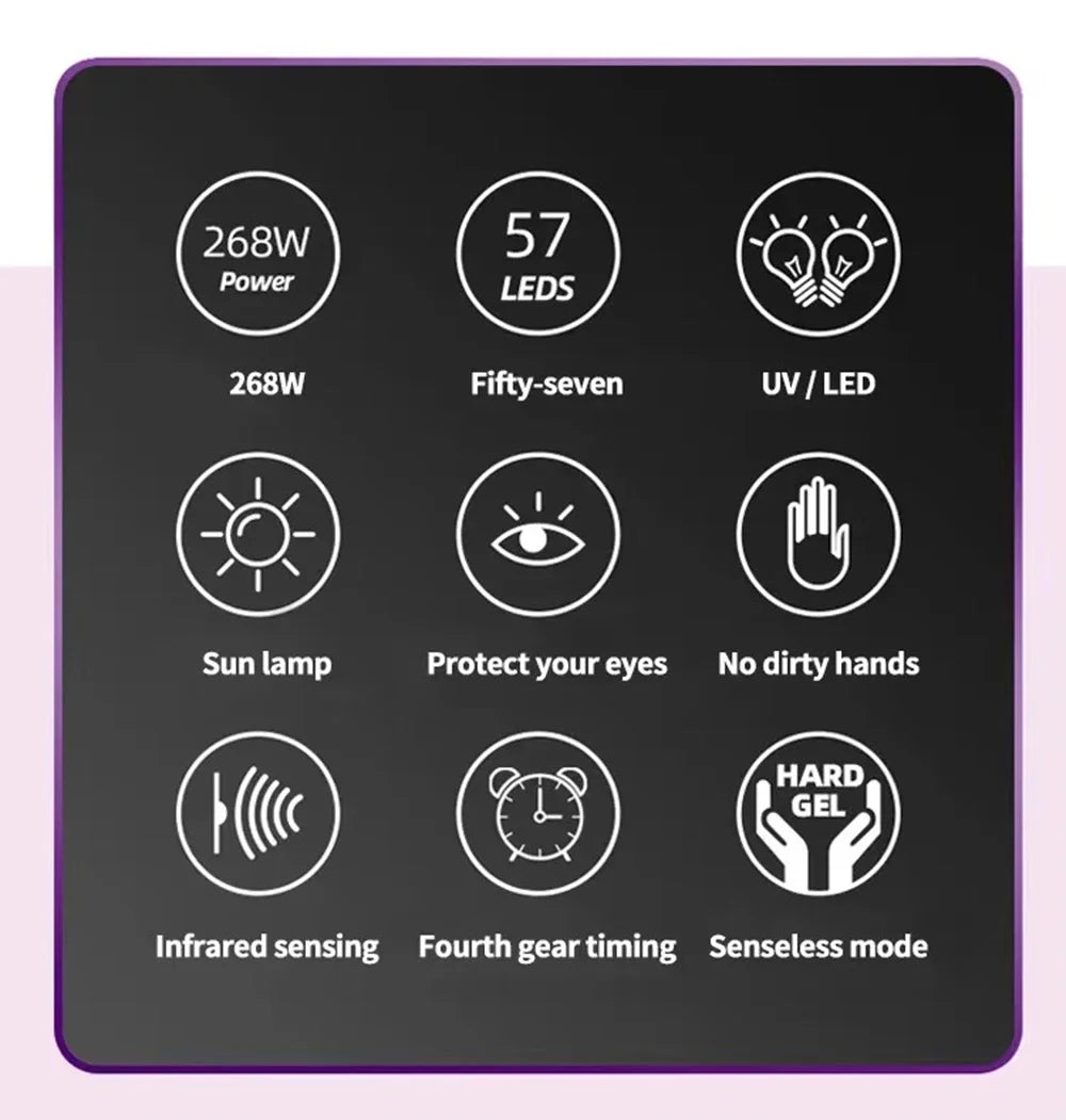Lâmpada de Secagem de Unhas UV LED 268W Profissional Luz Secadora de Arte de Unhas UV para Unhas de Gel 57 Contas Lâmpada de Cura Rápida de Verniz Gel UV