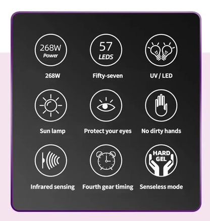 Lâmpada de Secagem de Unhas UV LED 268W Profissional Luz Secadora de Arte de Unhas UV para Unhas de Gel 57 Contas Lâmpada de Cura Rápida de Verniz Gel UV