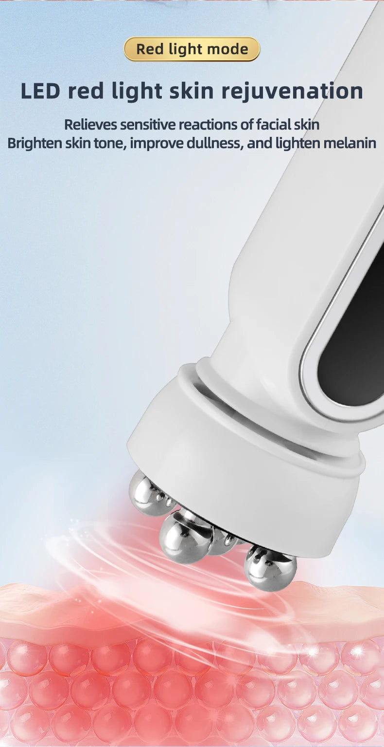 Massageador Facial EMS Aquecido com LED - Roller Rotativo Fototerapia Redução Poros Linhas Finas