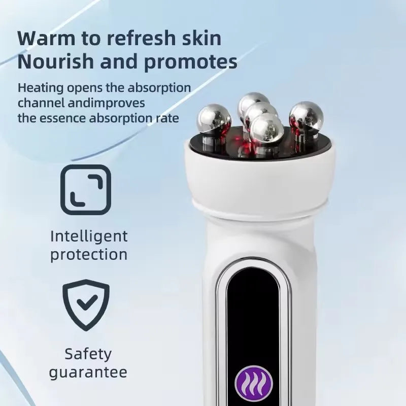 Massageador Facial EMS Aquecido com LED - Roller Rotativo Fototerapia Redução Poros Linhas Finas