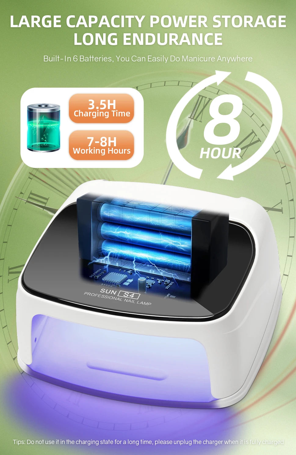 Lâmpada Profissional para Unhas 288W para Curar Gel Recarregável Lâmpada UV LED para Unhas Sem Fio 66LEDS Lâmpada de Secagem de Unhas com 4 Configurações de Temporizador