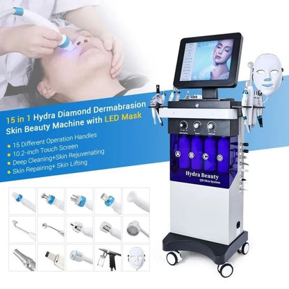 Máquina Hidrodermabrasão 15 em 1 - Oxigénio CO2 Bolhas Hydra Dermabrasão Facial Beleza