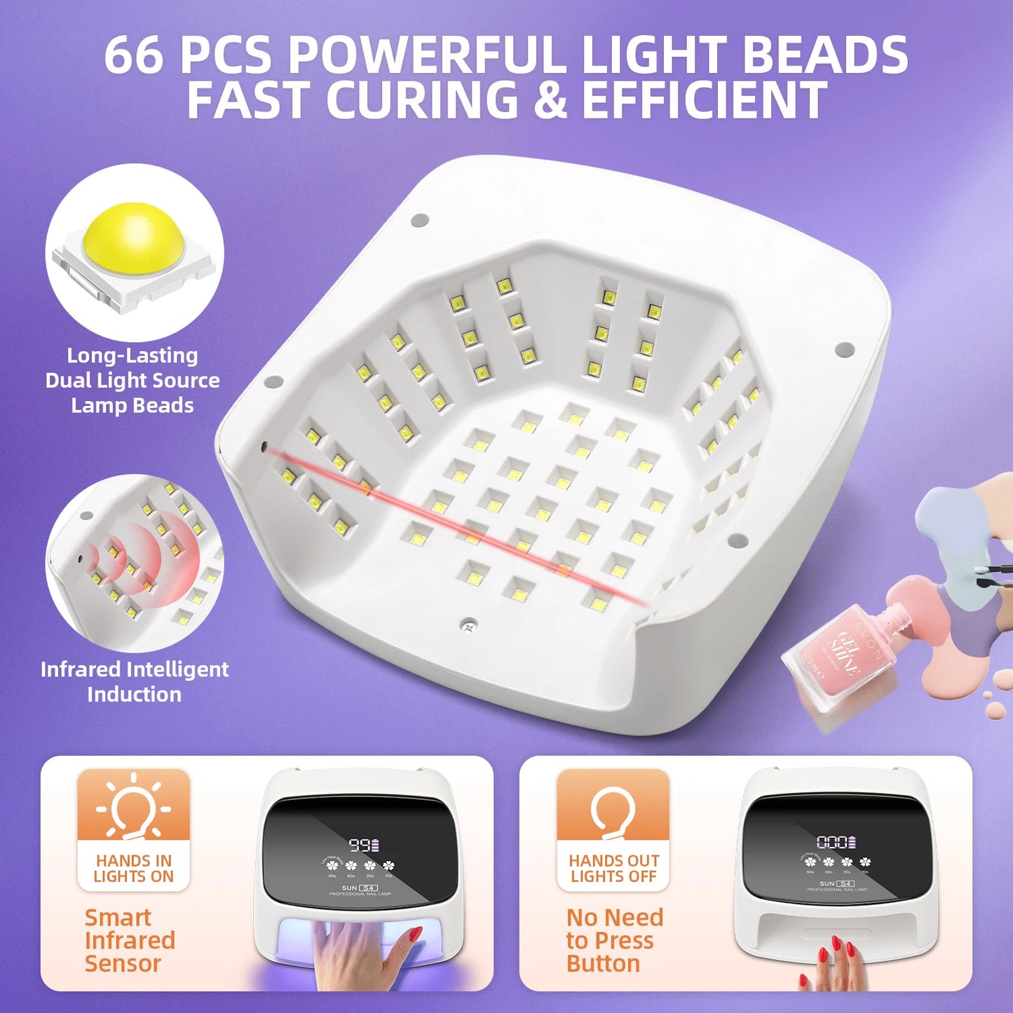 Lâmpada Profissional para Unhas 288W para Curar Gel Recarregável Lâmpada UV LED para Unhas Sem Fio 66LEDS Lâmpada de Secagem de Unhas com 4 Configurações de Temporizador