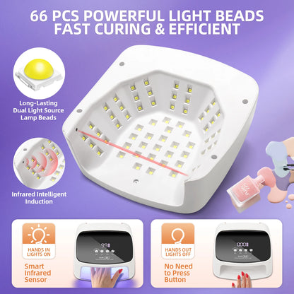 Lâmpada Profissional para Unhas 288W para Curar Gel Recarregável Lâmpada UV LED para Unhas Sem Fio 66LEDS Lâmpada de Secagem de Unhas com 4 Configurações de Temporizador