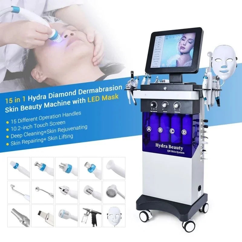 Máquina Hidrodermabrasão 15 em 1 - Oxigénio CO2 Bolhas Hydra Dermabrasão Facial Beleza