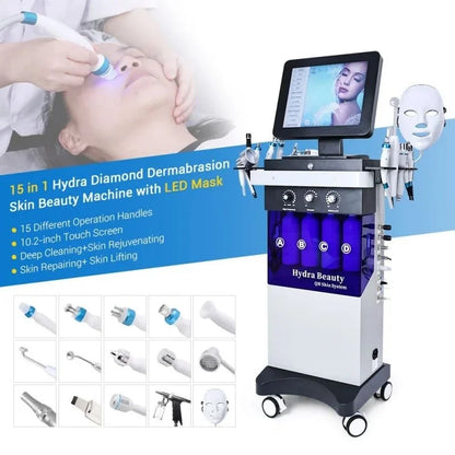 Máquina Hidrodermabrasão 15 em 1 - Oxigénio CO2 Bolhas Hydra Dermabrasão Facial Beleza