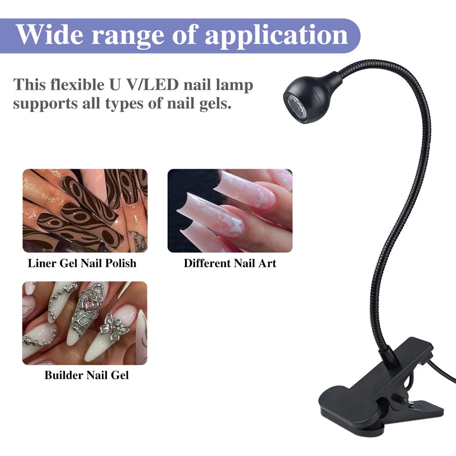 Lâmpada de Cura de Gel UV para Unhas 5W, Luz UV LED com Clipe e Tubo Flexível, Secador de Unhas para Verniz Gel