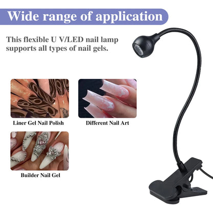 Lâmpada de Cura de Gel UV para Unhas 5W, Luz UV LED com Clipe e Tubo Flexível, Secador de Unhas para Verniz Gel