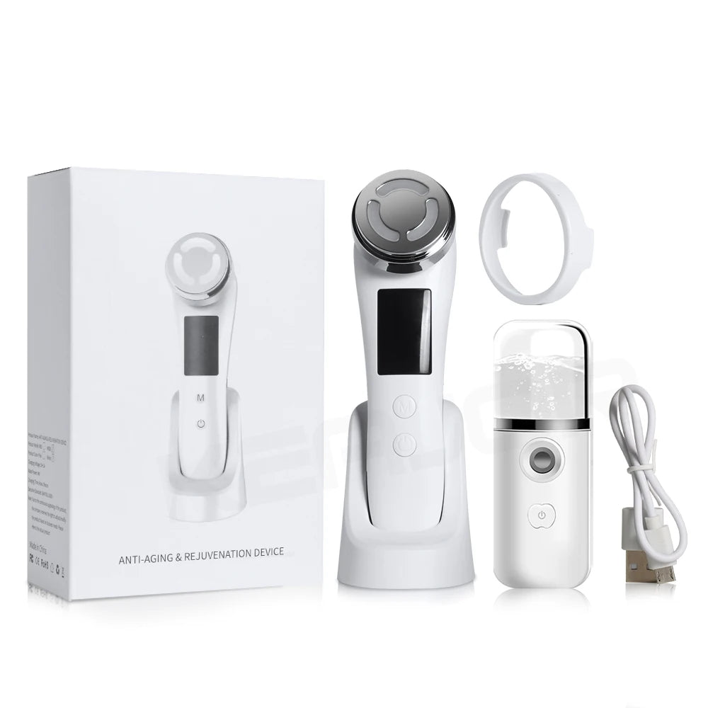 Massageador Facial Mesoterapia 8 em 1 - Radiofrequência EMS Lifting Firmeza LED Cuidados Pele