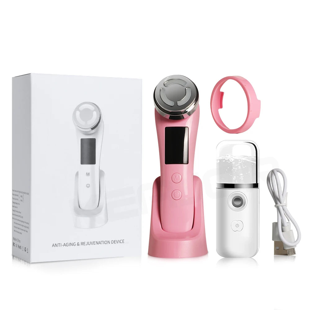Massageador Facial Mesoterapia 8 em 1 - Radiofrequência EMS Lifting Firmeza LED Cuidados Pele