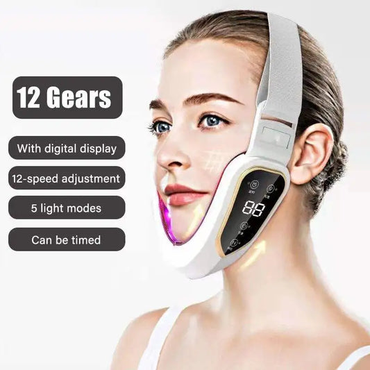 Dispositivo Lifting Facial LED Fototerapia - Massageador Vibracional Aquecido Papada Rosto V