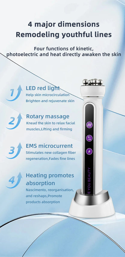 Massageador Facial EMS Aquecido com LED - Roller Rotativo Fototerapia Redução Poros Linhas Finas