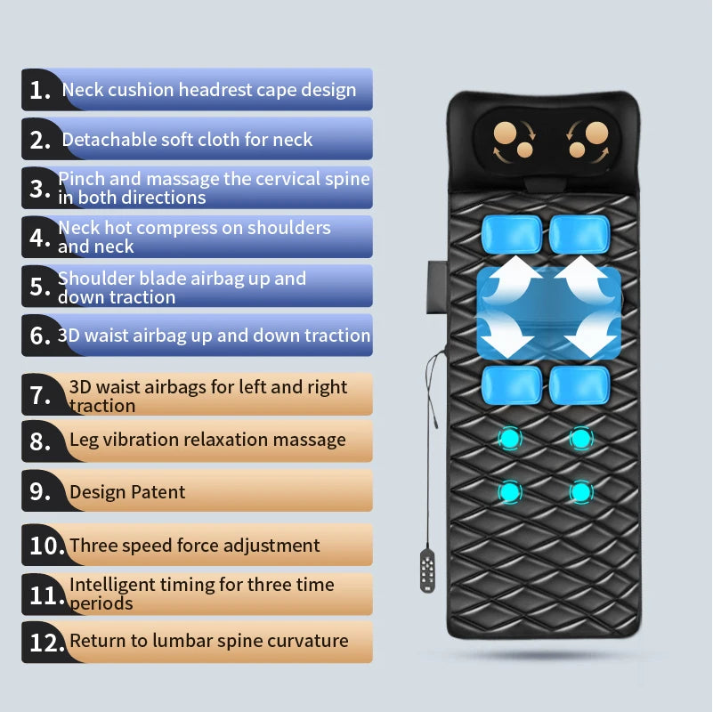 Upgrade Large Area Vibration Airbag Swing Heated Neck Massager Full Body Massage Mat Mattress Traction Lumbar with Remote Contro
