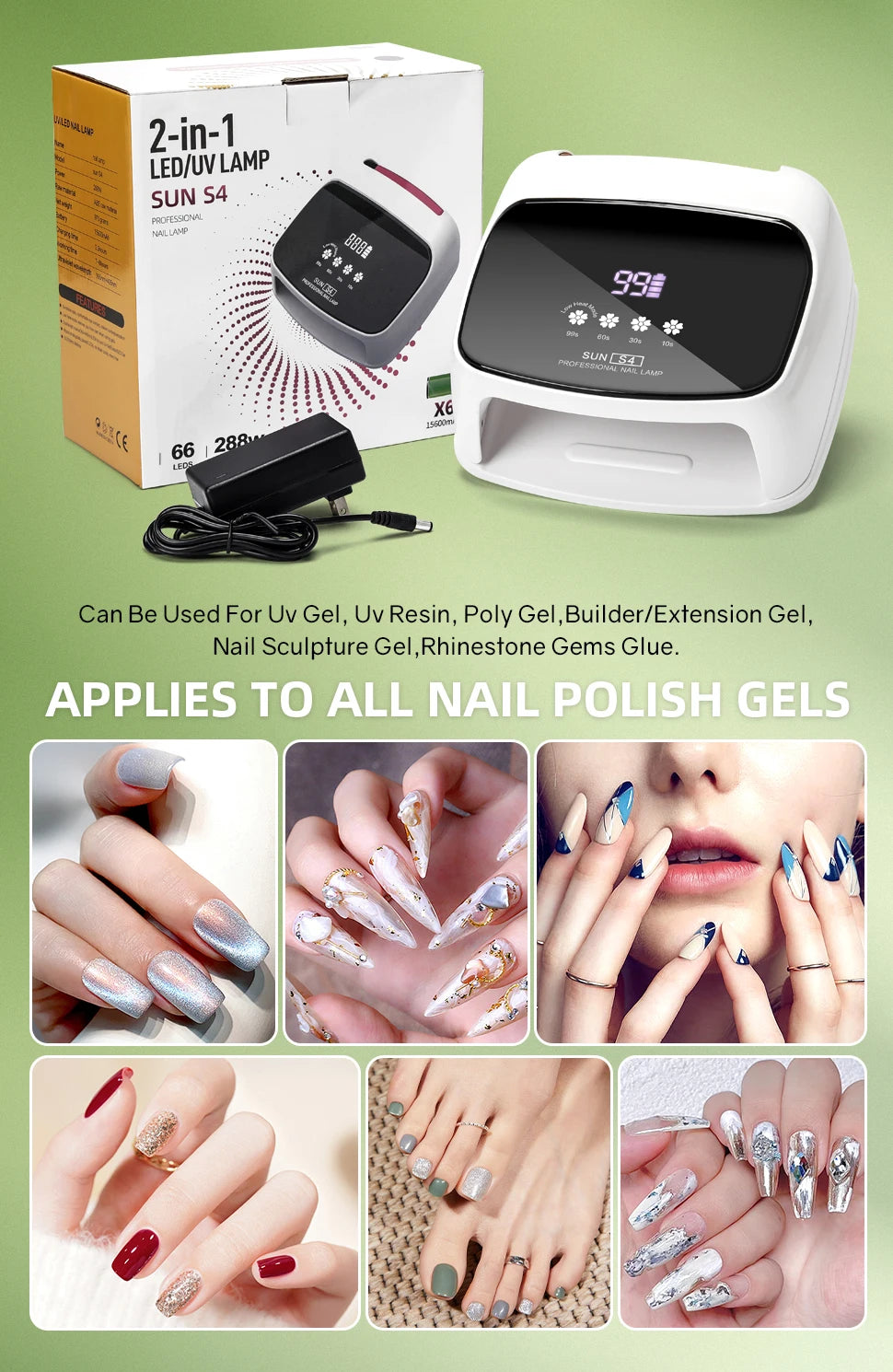 Lâmpada Profissional para Unhas 288W para Curar Gel Recarregável Lâmpada UV LED para Unhas Sem Fio 66LEDS Lâmpada de Secagem de Unhas com 4 Configurações de Temporizador