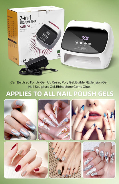 Lâmpada Profissional para Unhas 288W para Curar Gel Recarregável Lâmpada UV LED para Unhas Sem Fio 66LEDS Lâmpada de Secagem de Unhas com 4 Configurações de Temporizador