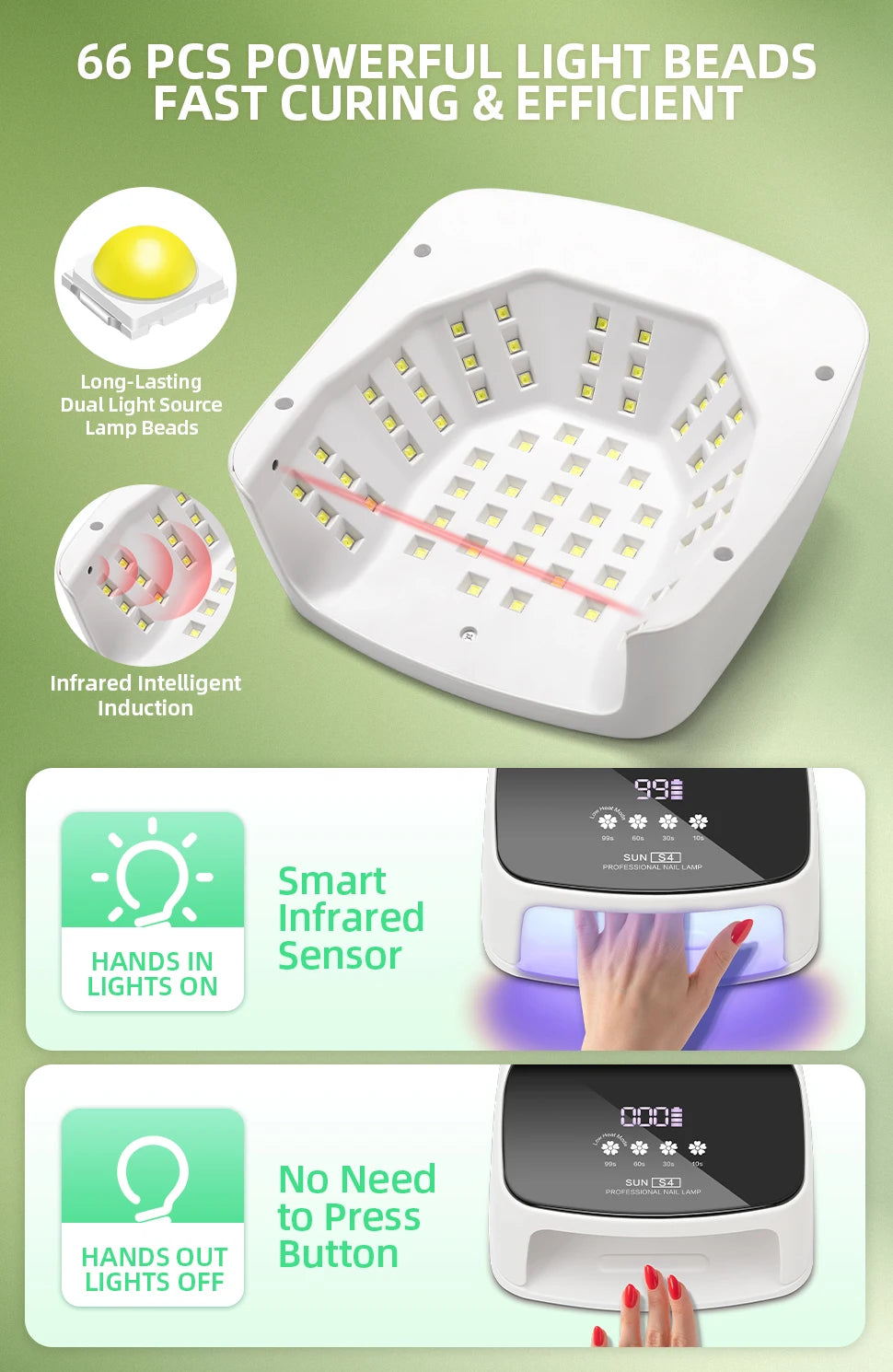 Lâmpada Profissional para Unhas 288W para Curar Gel Recarregável Lâmpada UV LED para Unhas Sem Fio 66LEDS Lâmpada de Secagem de Unhas com 4 Configurações de Temporizador