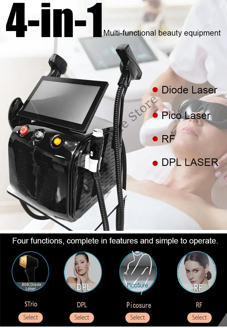 Máquina Laser 4 em 1 - Diodo Pico 808nm Peeling Carbono RF IPL Remoção Tatuagens