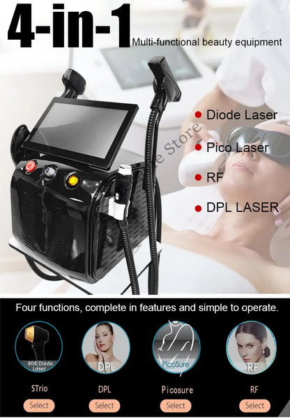 Máquina Laser 4 em 1 - Diodo Pico 808nm Peeling Carbono RF IPL Remoção Tatuagens